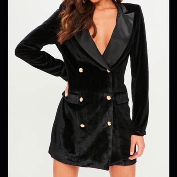 Missguided Black Velvet & Satin Lapel Double Breasted Blazer Tuxedo Blazer Dress
